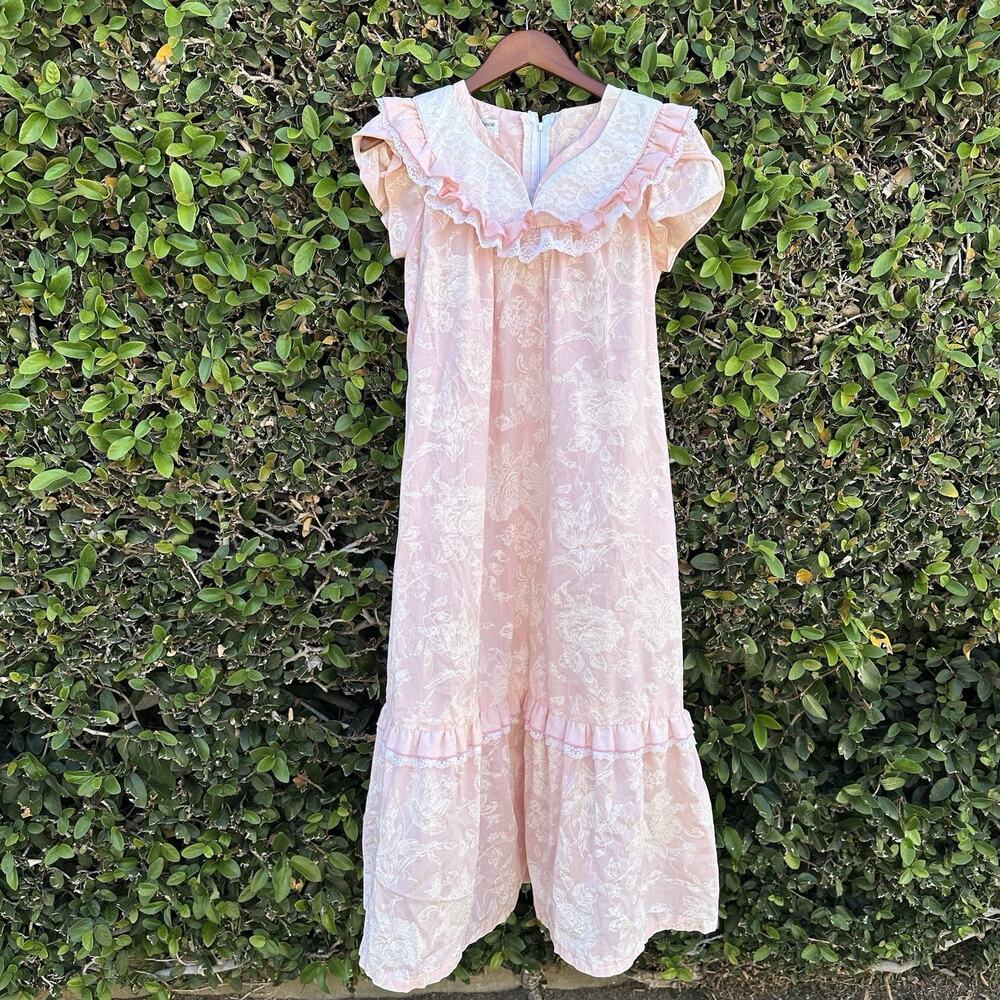 Vintage 80s Liberty House Dress Womens S/M Pink Floral Muumuu Cottage Prairie
